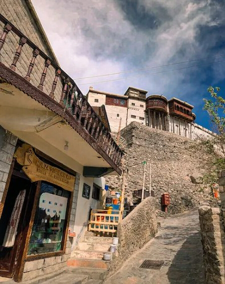 A fort standing above the bazaar street at Karimabad in Hunza