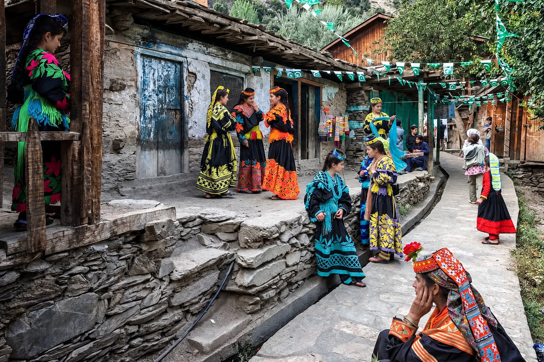 A view across a Kalash valley with terraced fields and steep forested slopes