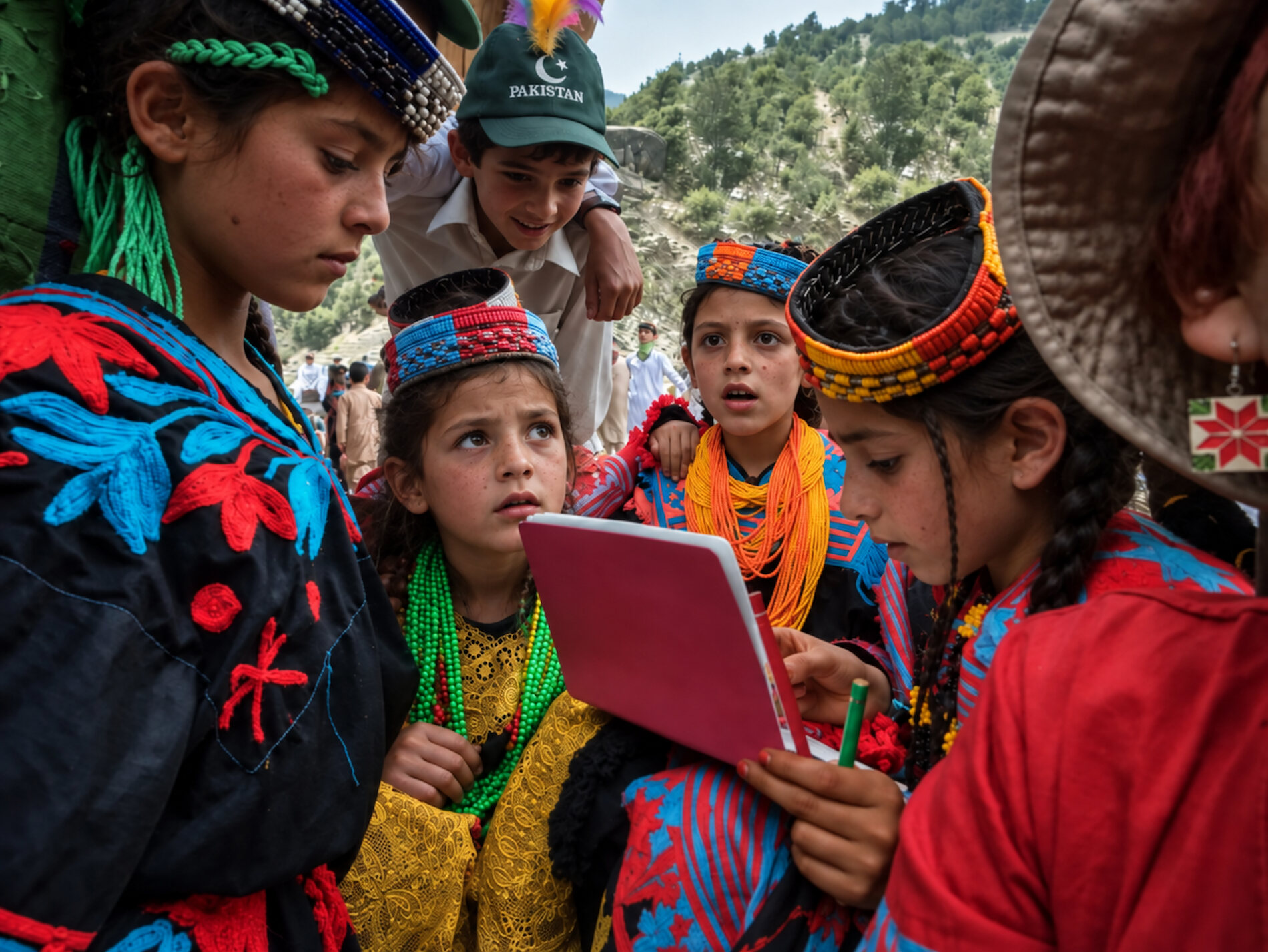 Kalasha children gathered around a notebook during a documentation session